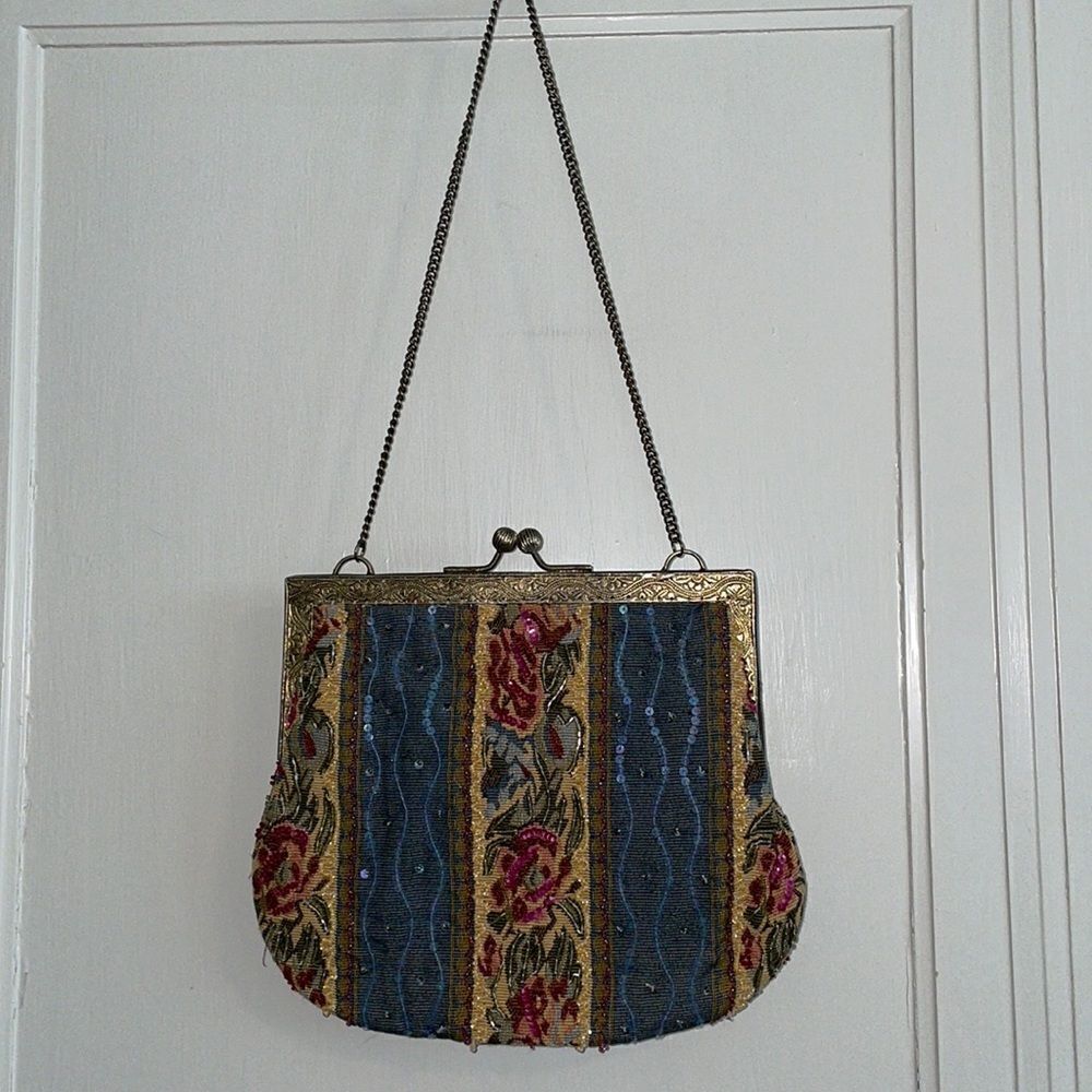 Vintage inspired Christiana tapestry beaded snap top purse with‎ chain strap